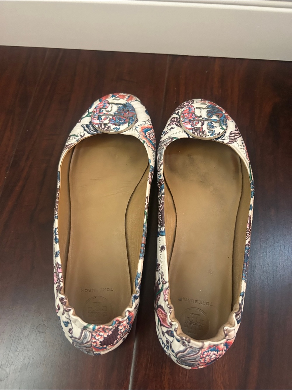 Tory Burch Cream Floral Logo Ballet Flats
